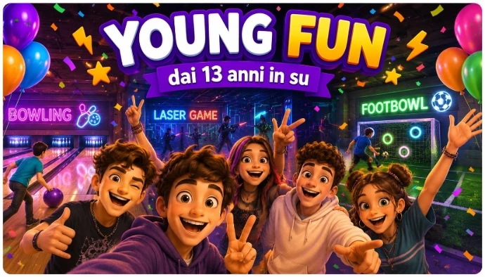 Illustrazione Young Fun: ragazzi insieme tra Bowling, Laser Game e Footbowl