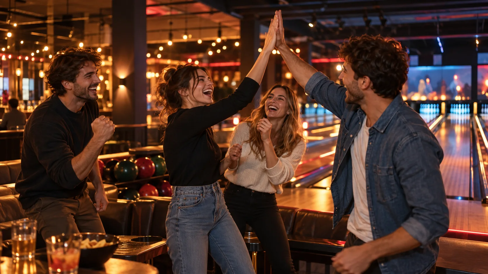 Un gruppo di amici festeggia una sfida al bowling