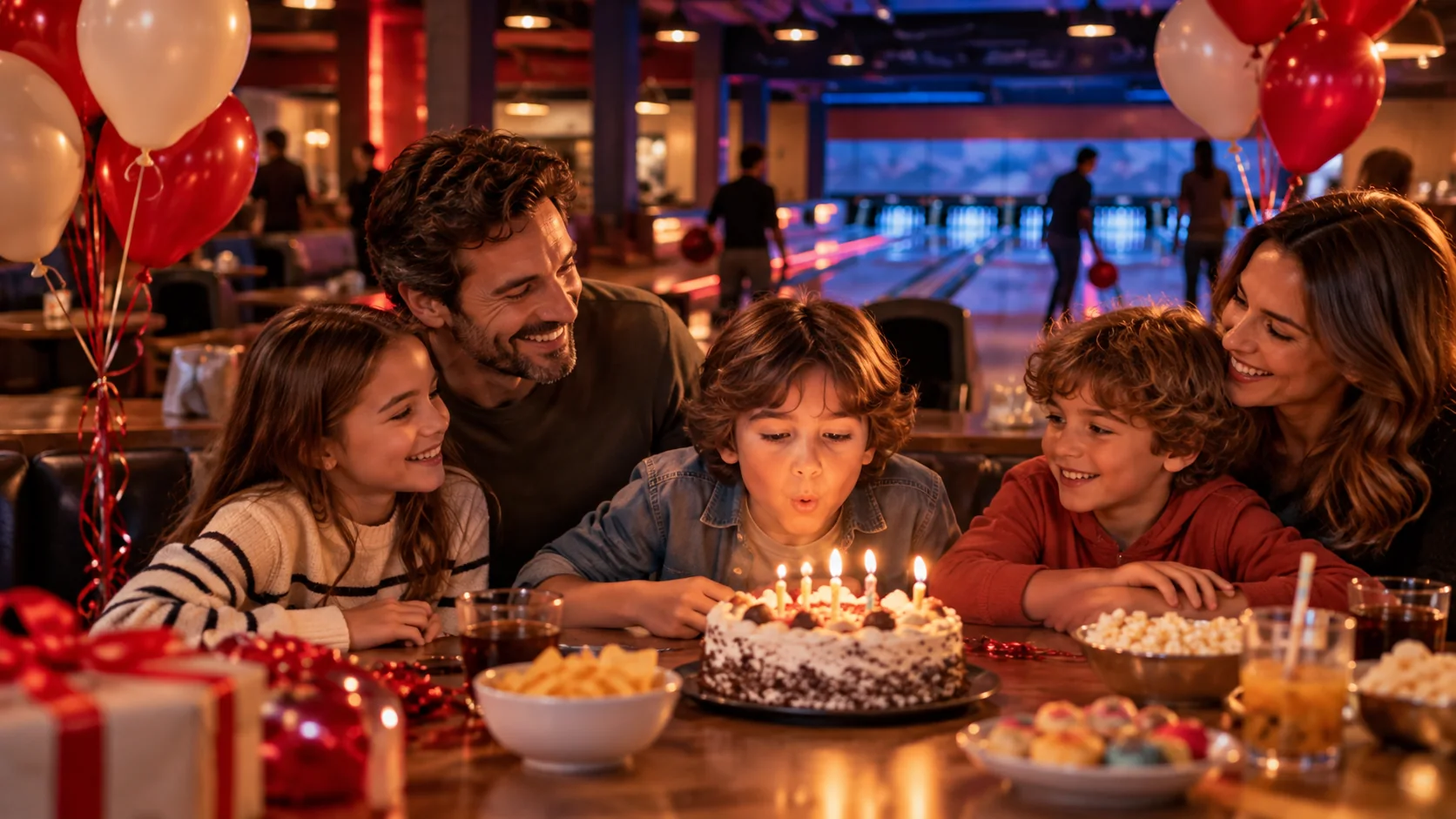 Bambini e genitori festeggiano un compleanno con una torta