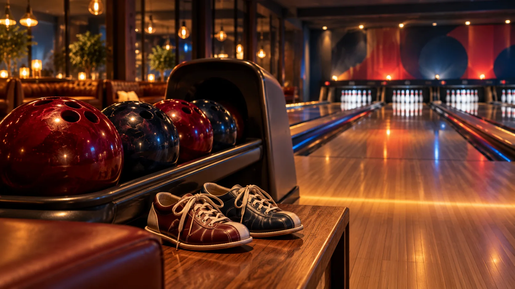 Scarpe e palle da bowling accanto alle piste