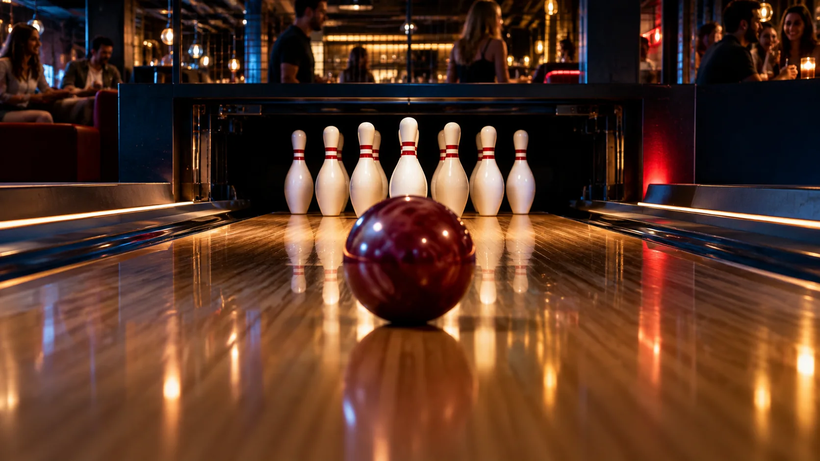 Palla da bowling e birilli su una pista illuminata