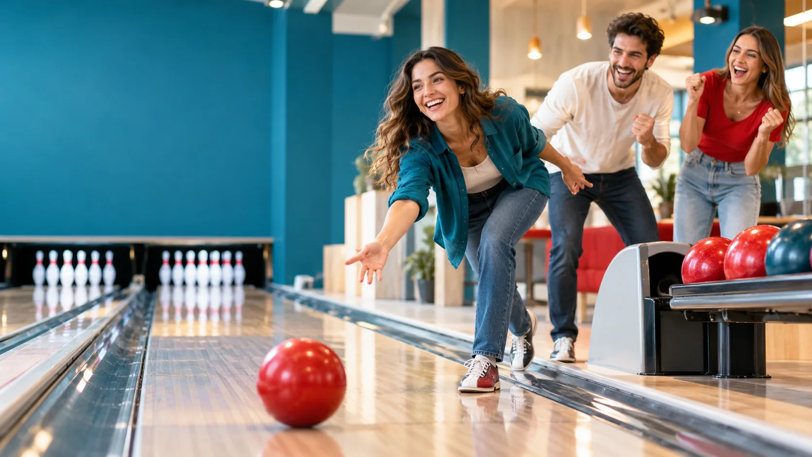 Tre amici sorridenti giocano a bowling tra accenti blu petrolio e rossi
