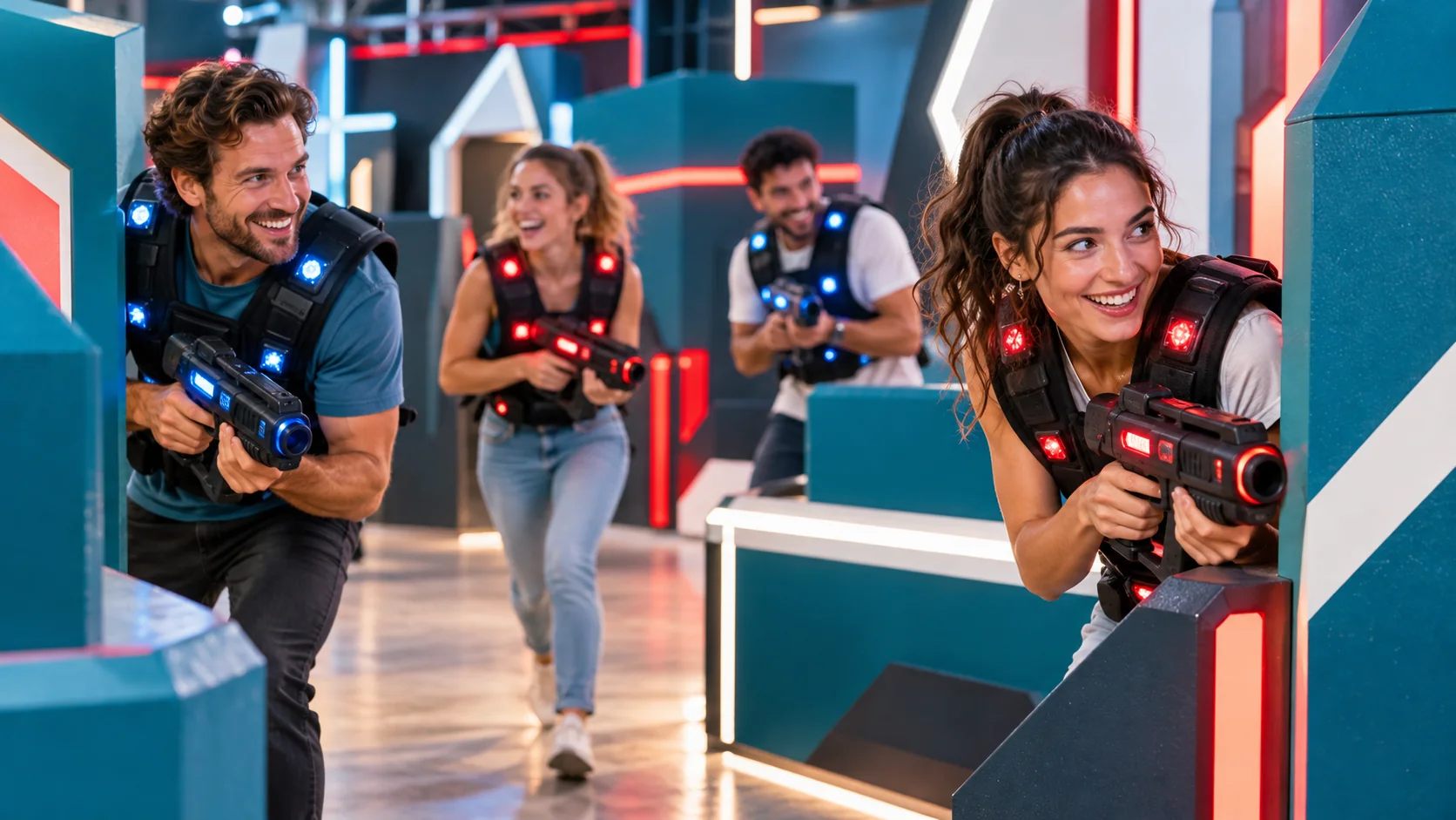 Amici con giubbotti sensorizzati giocano a Laser Game in un’arena blu petrolio e rossa