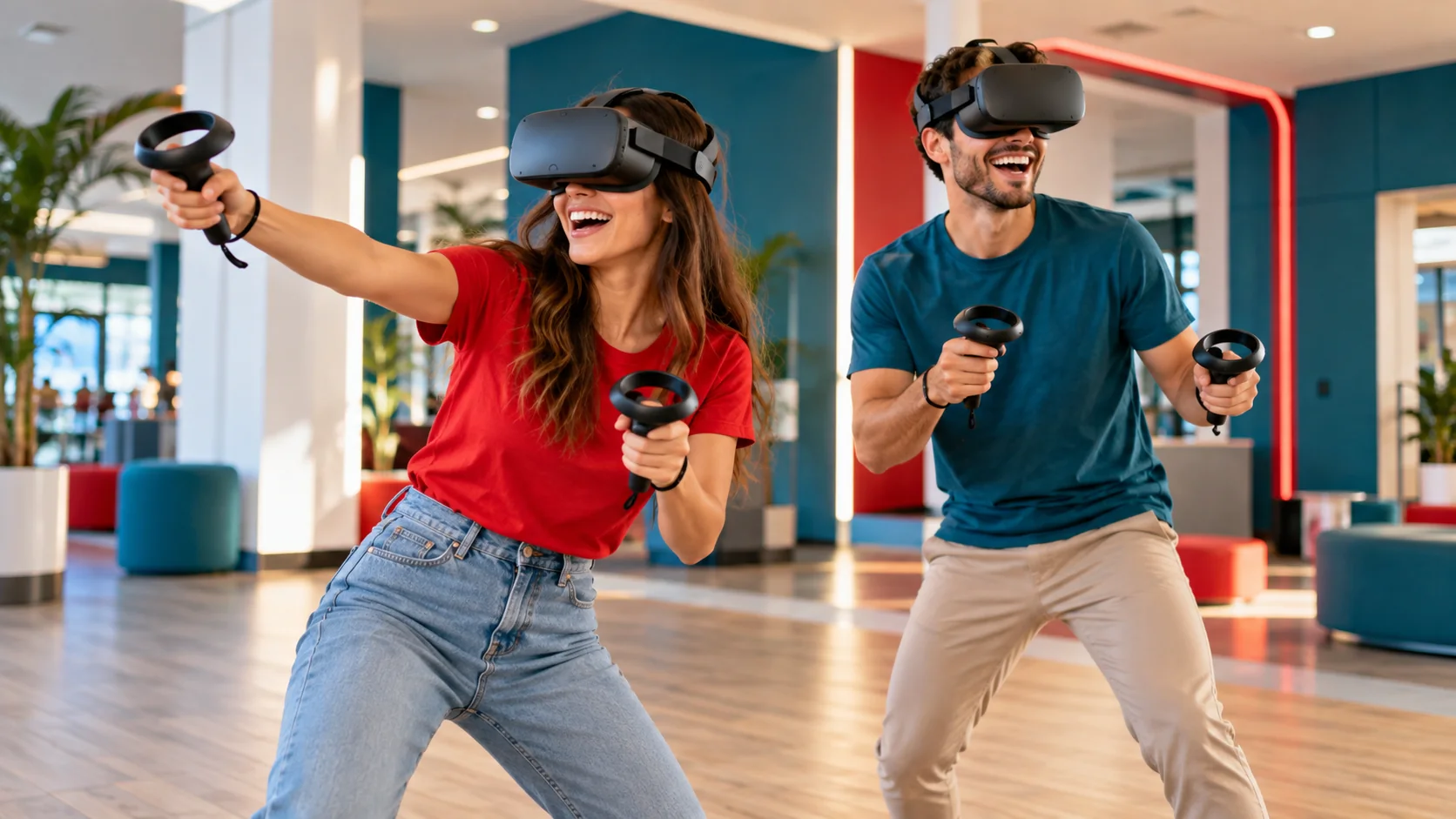 Due amici con visori e controller giocano in una zona VR luminosa