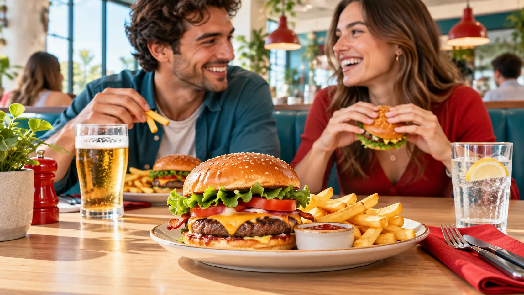 Burger e patatine in un ristorante allegro con dettagli blu petrolio e rossi